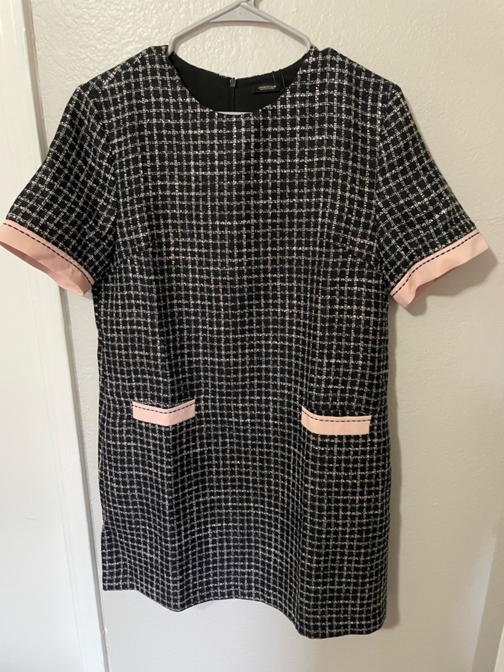 Black Tweed Mini Dress with Pink Trim